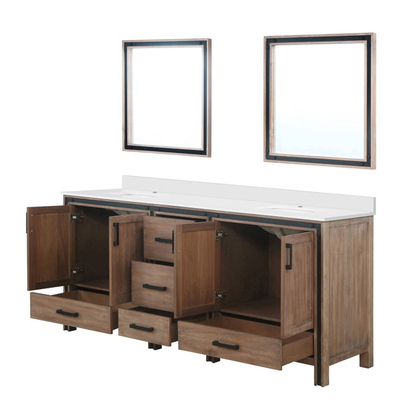 English Elm Rustic Barnwood Double Bath Vanity 80" W with White Quartz Top, Soft-Close Storage & 30" Mirrors B2731S00918