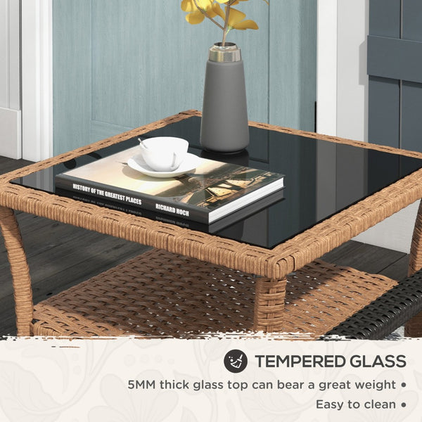 English Elm Outsunny Rattan Side Table - Stylish Outdoor Coffee Table With Storage Shelf & Glass Top, Sand W2225P200703-GIGA