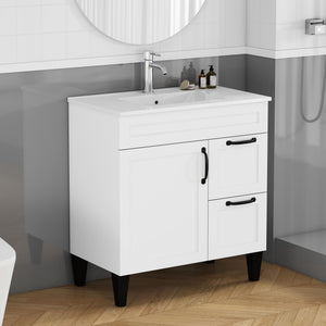 English Elm 31.5-inch Modern Bathroom Vanity with Integrated Ceramic Basin, Soft-Close Drawers, Black Accents White 35.04 L x 22.05 W x 7.68 H W3151S00061