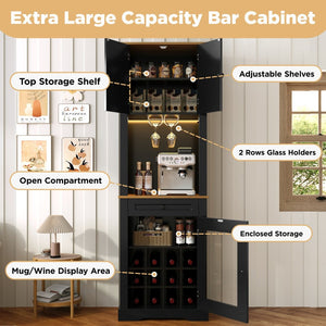 English Elm Bar Cabinet Farmhouse 69 Inch with Rgb Led Barn Door Wine Rack and Charging Station Black N728P438603B