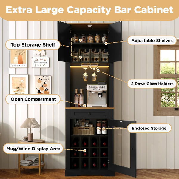 English Elm Bar Cabinet Farmhouse 69 Inch with Rgb Led Barn Door Wine Rack and Charging Station Black N728P438603B