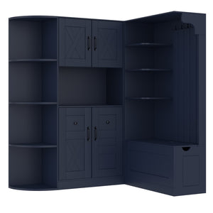 English Elm Multifunctional Modular Hall Tree Cabinet with Open Shelves and Hooks for Entryway Antique Blue W1580S00520
