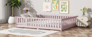 English Elm Queen Rubber Wood Floor Bed with Full Perimeter Safety Fence and Hinged Access Door Pink W504P429344