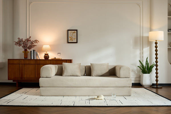 English Elm Convertible Sleeper Sofa Bed with Corduroy Upholstery, 4‑in‑1 Folding Couch Mattress, Space‑Saving Lounge Beige W3434P346244