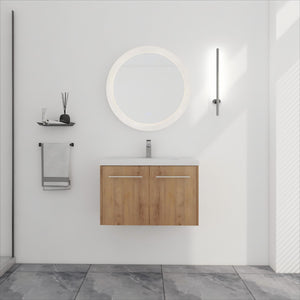 English Elm 30 30 Inch Soft Close Vanity with Resin Sink, Open Shelf Storage & Rust‑Resistant Metal Handles, KD-Pack W999P188194