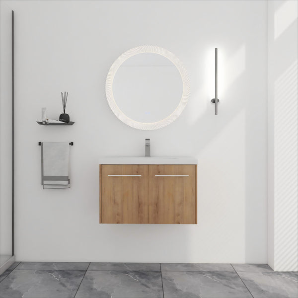 English Elm 30 30 Inch Soft Close Vanity with Resin Sink, Open Shelf Storage & Rust‑Resistant Metal Handles, KD-Pack W999P188194