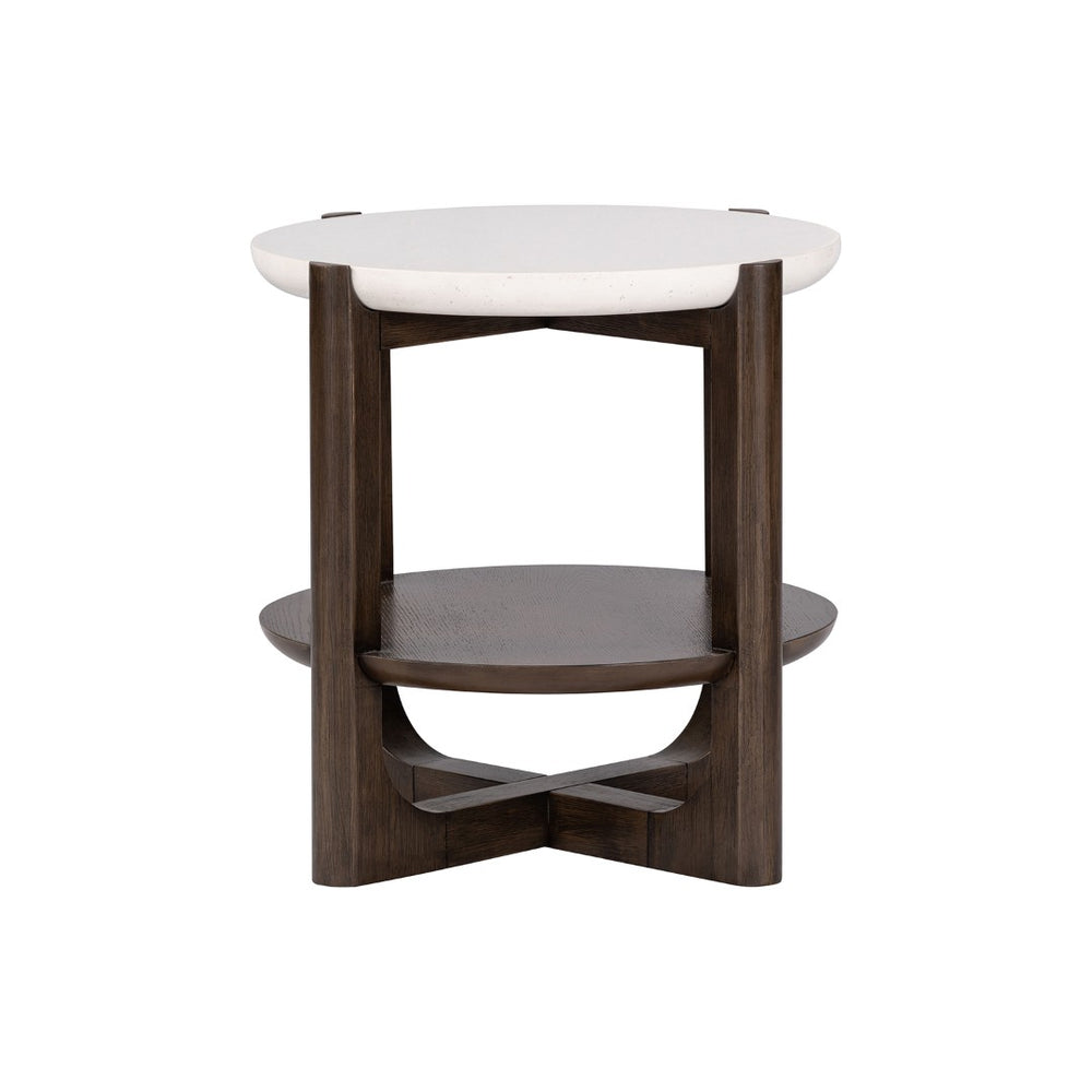 English Elm Transitional End Table With Quartz Stone Top And Dark Walnut Trestle Base For Stylish Living Rooms B2741P404268-GIGA