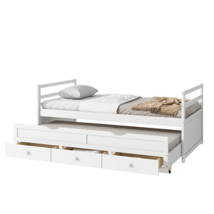 English Elm Twin Twin Size Bed with Trundle and Three Storage Drawers, Space-Saving Pine Frame with Classic Headboard White W504P197162
