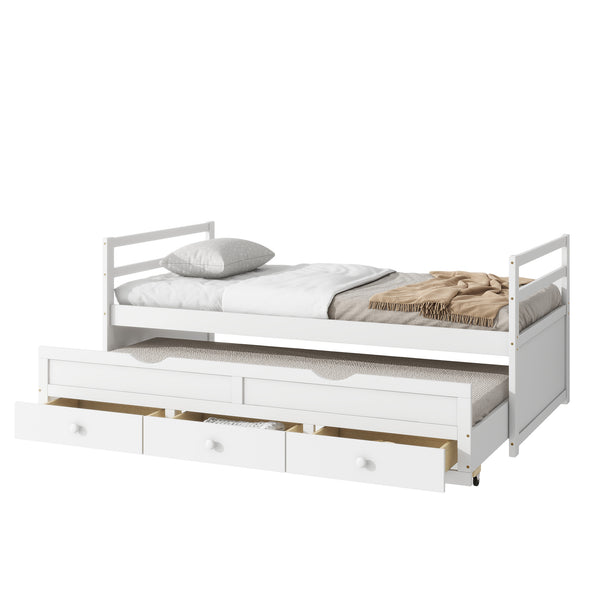 English Elm Twin Twin Size Bed with Trundle and Three Storage Drawers, Space-Saving Pine Frame with Classic Headboard White W504P197162