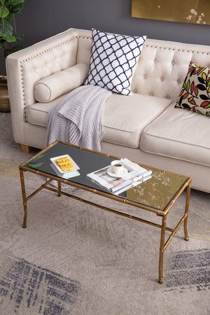 English Elm 36x16x16.5" Bamboo-Style Antique Gold Coffee Table with Glass Top — Vintage Luxe, Sunroom-Ready Statement Piece W2078P370593