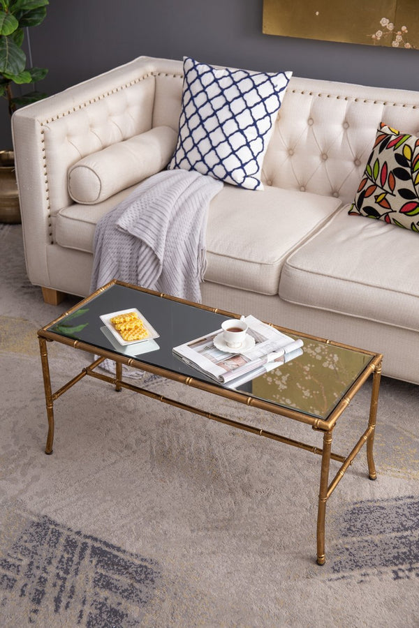 English Elm 36x16x16.5" Bamboo-Style Antique Gold Coffee Table with Glass Top — Vintage Luxe, Sunroom-Ready Statement Piece W2078P370593