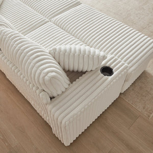 English Elm 84Inch Corduroy sofa with deep seats, 3 back pillows, 2 toss pillows, ottomans, cup grooves, storage Beige W834S00357