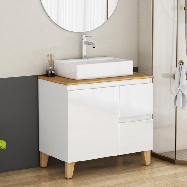 English Elm 31.5-inch Bathroom Vanity Solid Wood Top Ceramic Basin Soft Close Glossy White W3151S00070