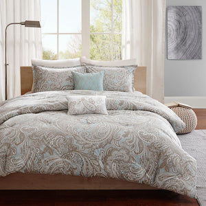 JLA Home Madison Park Pure - 5 Ronan Cotton Comforter Set – Soft Blue Paisley, Breathable 200TC, Machine Washable, Organic Calm Retreat 92 L x 88 W x 1.5H MPP10-001