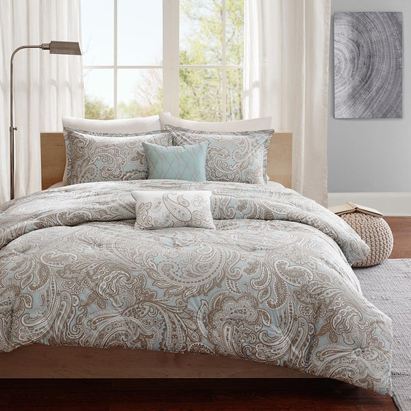 JLA Home Madison Park Pure - 5 Ronan Cotton Comforter Set – Soft Blue Paisley, Breathable 200TC, Machine Washable, Organic Calm Retreat 92 L x 88 W x 1.5H MPP10-001