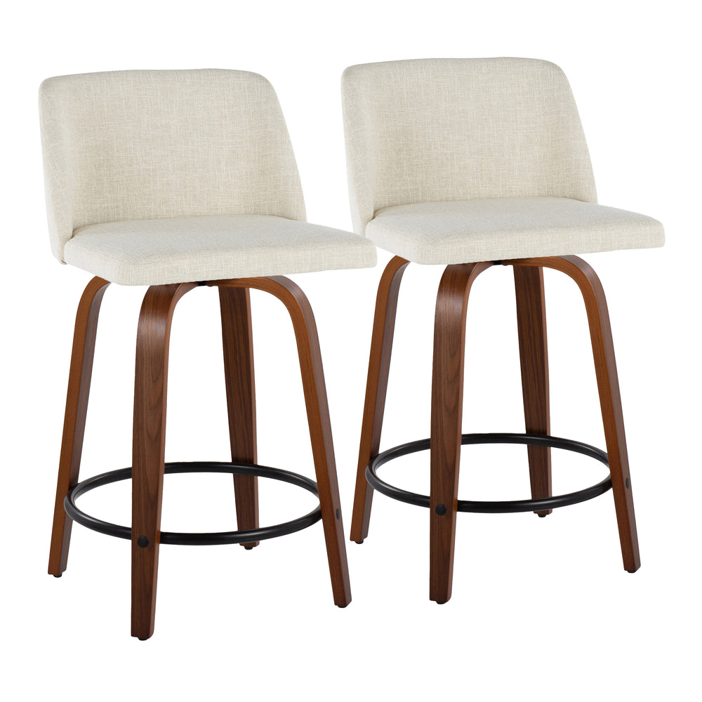English Elm Toriano Mid-Century Counter Stool Set of 2 — 24" Fixed-Height Swivel Upholstered Seat, Walnut Finish Grey B202S00096
