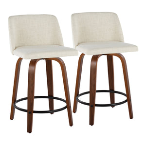 English Elm Toriano Mid-Century Counter Stool Set of 2 — 24" Fixed-Height Swivel Upholstered Seat, Walnut Finish Cream B202S00095