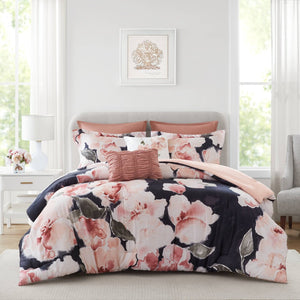 English Elm 7-piece Queen Comforter Set Cotton Print Bedding with Euro Shams and Embroidered Pillows Blush Multi B035P482946
