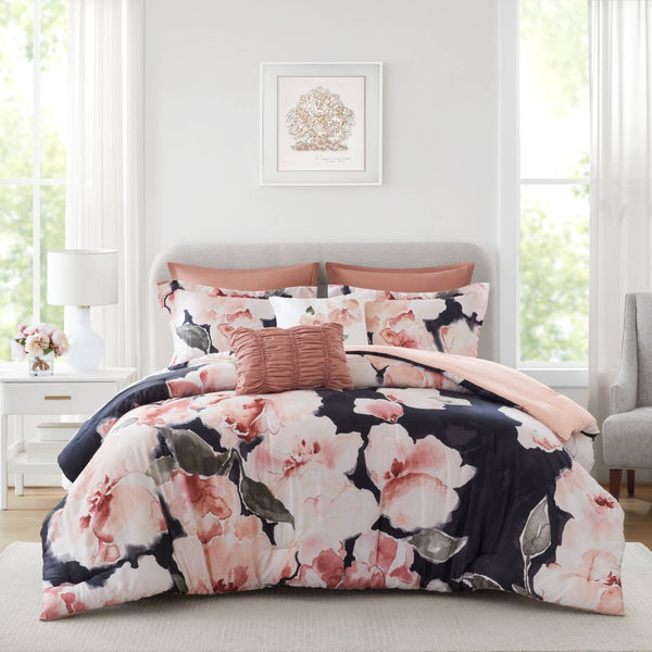 English Elm 7-piece Queen Comforter Set Cotton Print Bedding with Euro Shams and Embroidered Pillows Blush Multi B035P482946