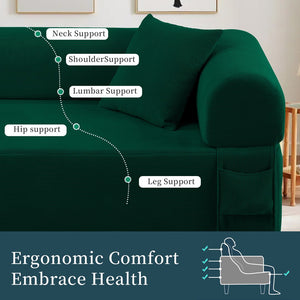 English Elm Spring Sofa Dark Green – Pocketed Springs, High-Density Foam, Breathable Fabric, Storage Pockets, 2 Pillows B347P409916