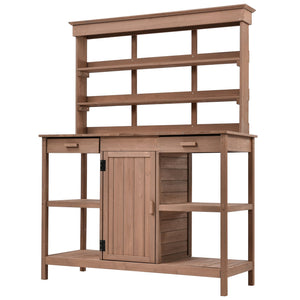 English Elm TOPMAX 66" Wooden Potting Bench with 36" Counter Height, 2 Drawers, Cabinet & Spacious Workstation Brown WF300211AAD