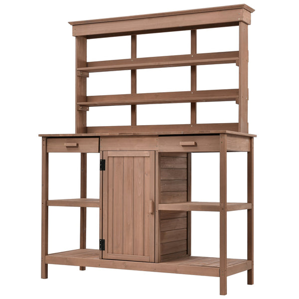 English Elm TOPMAX 66" Wooden Potting Bench with 36" Counter Height, 2 Drawers, Cabinet & Spacious Workstation Brown WF300211AAD