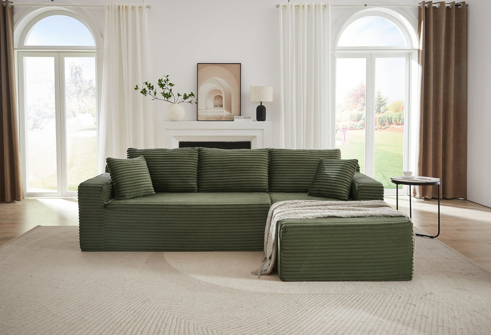 English Elm L-Shaped Cloud Sectional Sofa - Plush Green Corduroy Sleeper, No Assembly, Ideal For Living Spaces W2339P294929