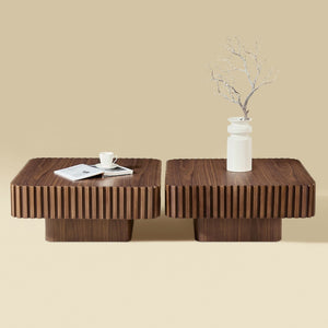 English Elm 2-piece Nesting Round Coffee Table Set Wood Veneer Sculptural Living Room Accent Walnut W2582S00182