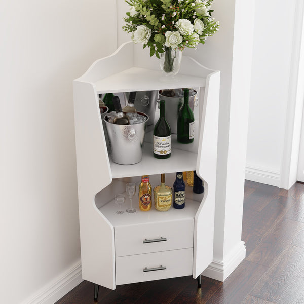 English Elm Wooden Corner Bar Cabinet with Mirrored Back, High Legs, 2 Shelves & 2 Drawers for Stylish Storage White W2899P374345