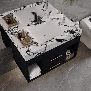 English Elm 29.9" Floating Bathroom Vanity Sintered Stone Top Soft Close Drawers Bronze Gold Hardware Black,Black White W3136S00036