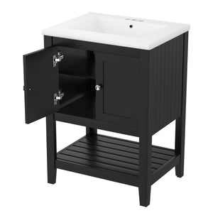English Elm 24" Modern Sleek Bathroom Vanity with Ceramic Sink, Solid Wood Frame, Waterproof Finish and Open Shelf Storage Black N725P246473B