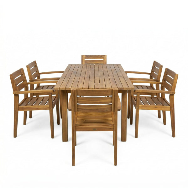 English Elm 7 Piece Solid Acacia Hardwood Expandable Outdoor Dining Set with Six Slatted Chairs Teak N762S000033AAA