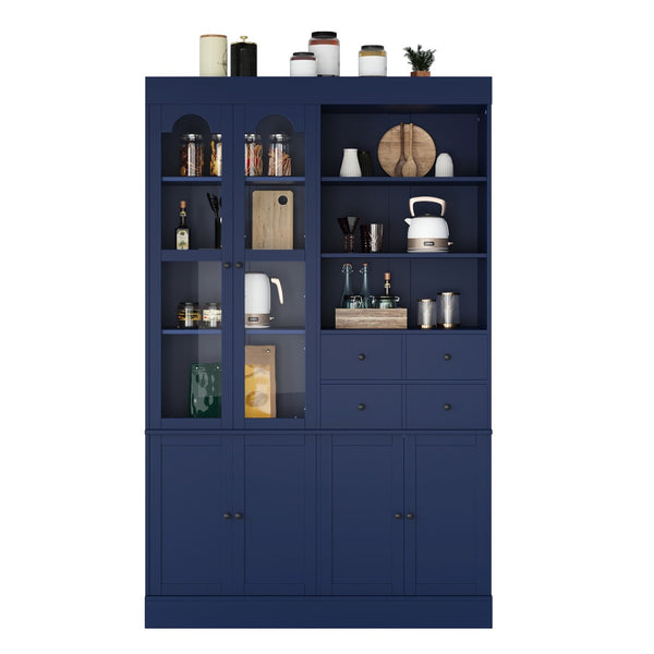 English Elm Topmax Shaker Buffet Hutch with Glass Doors Drawers and Pull-out Trays Blue SP000092AAC