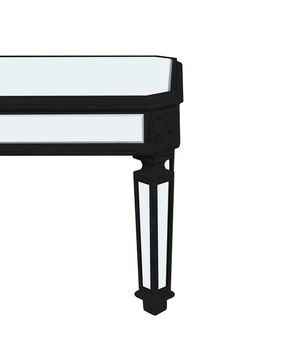 English Elm Silver Mirrored Coffee Table with Vintage Carved Accents, Rectangular Glass Top, Elegant Centerpiece, Durable & Easy-Clean Finish W1445P299191