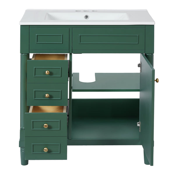 English Elm 30" Bathroom Vanity with Sink — Freestanding Modern Cabinet with Soft-Close Door, 2 Deep Drawers, Durable Basin Green N710P288938F
