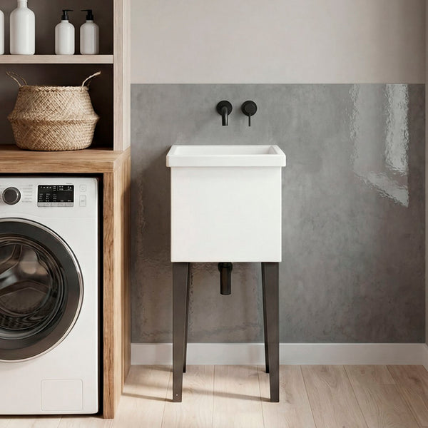 English Elm Bari Freestanding Plastic Utility Sink with Cabinet Storage for Laundry or Garage B070S00413
