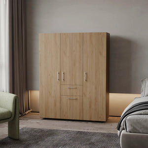 English Elm Natural Oak Armoire with 4 Doors, Spacious Drawer & Shelves, Modern Wood Finish, Elegant Metal Accents B062S00622