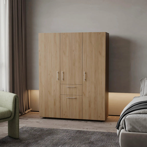 English Elm Natural Oak Armoire with 4 Doors, Spacious Drawer & Shelves, Modern Wood Finish, Elegant Metal Accents B062S00622