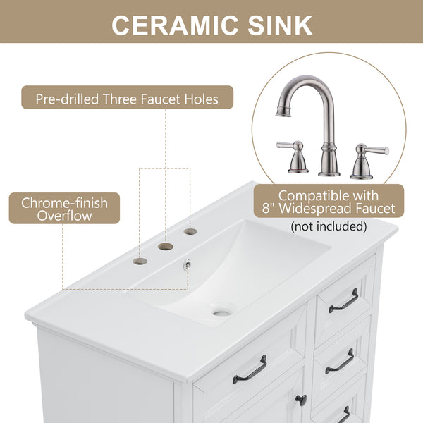 English Elm Christopher Knight Home® - 36" Bathroom Vanity with Ceramic Sink, Soft-Close Doors, 4 Drawers & Ample Storage, Freestanding White N759P223021K