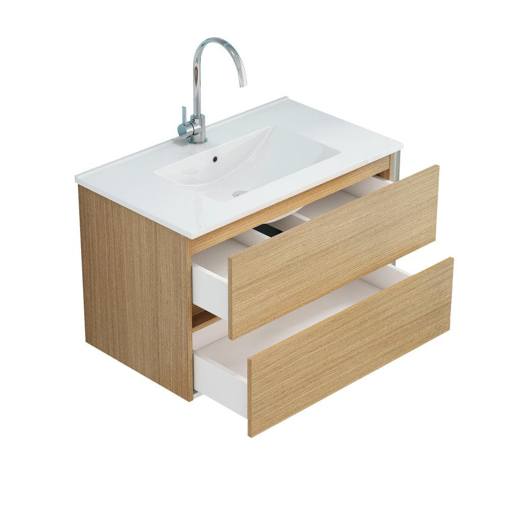 English Elm 32-Inch Wall-Mounted Bathroom Vanity With Soft-Close Drawers, Ceramic Sink & Modern Design Finish W3151S00041