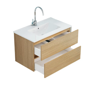 English Elm 32-Inch Wall-Mounted Bathroom Vanity With Soft-Close Drawers, Ceramic Sink & Modern Design Finish W3151S00041