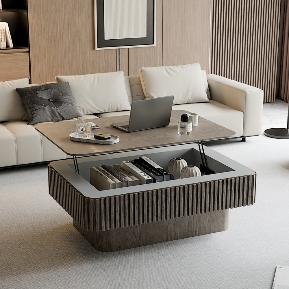English Elm 38.6'' Fluted Lift Top Coffee Table Wood Veneer Hidden Storage Modern Living Room W1435P337635