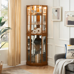 English Elm 6 Shelf Corner Curio Cabinet with Interior Lighting, Mirrored Back, Glass Shelves for Displays Oak W1693P165029