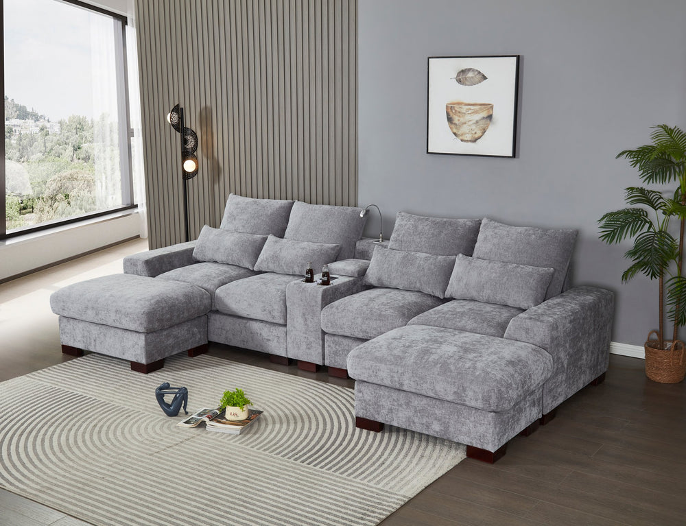 English Elm Modern Sectional Sofa with Console USB Charging and Reading Light, Velvet Microfiber, Solid Wood Frame Light Gray B205S00084