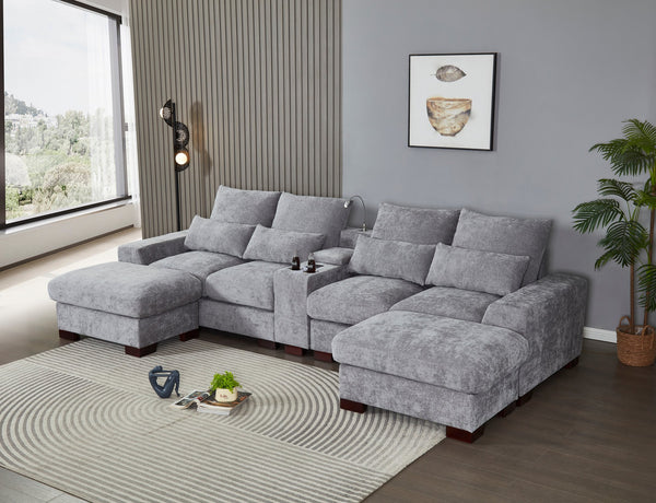 English Elm Modern Sectional Sofa with Console USB Charging and Reading Light, Velvet Microfiber, Solid Wood Frame Light Gray B205S00084