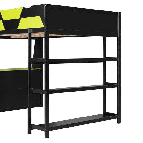 English Elm Full Size Gaming Loft Bed with Led Lighting Desk Shelves and Usb Charging Ports N820S00076F
