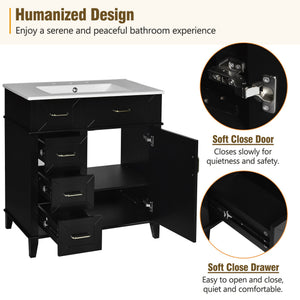 English Elm 30-Inch Bathroom Vanity with Ceramic Sink, Gold Handles, Solid Wood Frame and Soft-Close Drawers Black N729P195052B