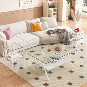 English Elm Coffee Table Set Of 3 With Tempered Glass & Mdf Storage, Modern Design For Living Room Elegance W241S00049