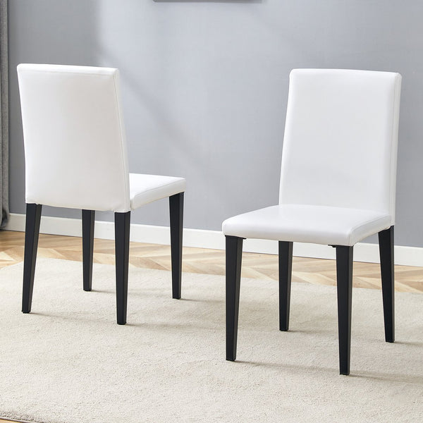 English Elm Two White PU dining chairs set with black metal legs, ergonomic cushioned seats, anti-slip feet, easy assemble W1512P395194