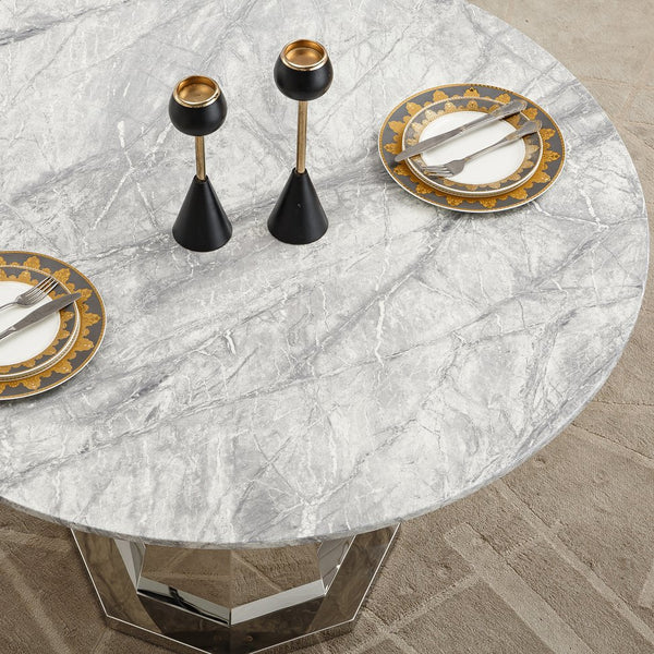 English Elm 47" Round Marble Dining Table - Stylish Faux Marble Top & Durable Stainless Steel Base For Any Space W3456S00004
